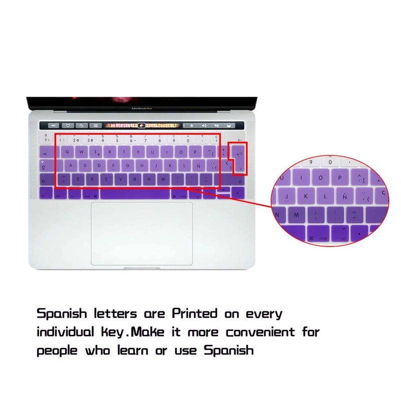 HRH Spanish Language Silicone Keyboard Cover Compatible for MacBook Pro with Touch Bar 13 Inch and 15 Inch (A2159/A1989/A1706,A1990/A1707) 2019 2018 2016 2017 Release European Version,Ombre Purple - Image 1